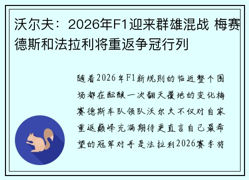 沃尔夫：2026年F1迎来群雄混战 梅赛德斯和法拉利将重返争冠行列